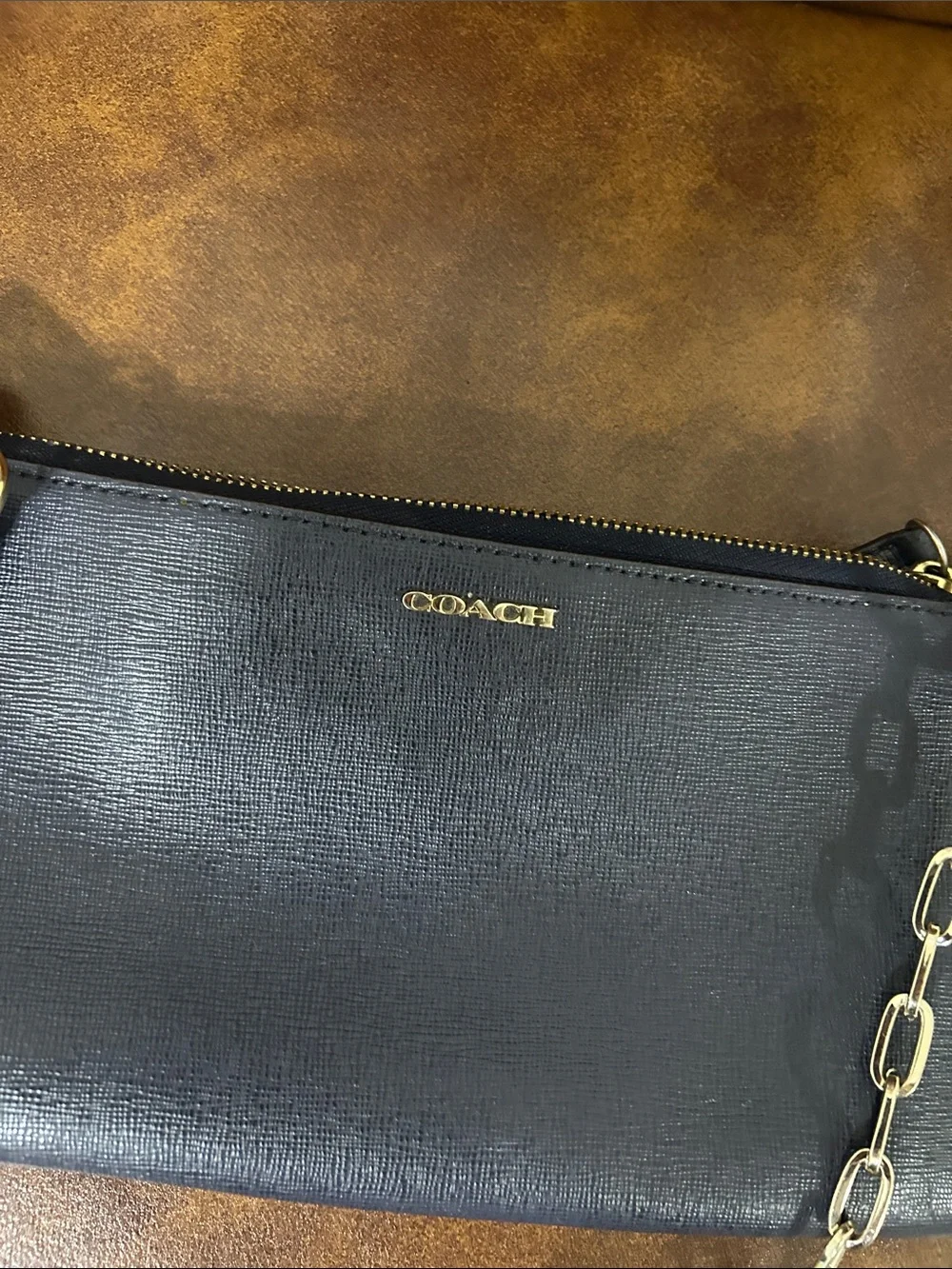 COACH Navy Leather Crossbody with Gold Chain Strap
